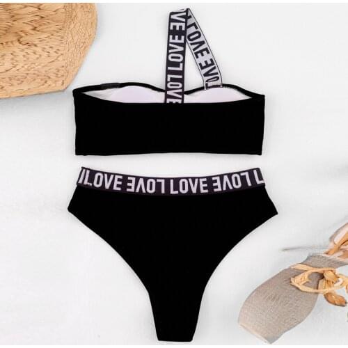 One shoulder Swimwear Solid Color Slim Sexy Women Letter Printing Two-Piece Swimsuit Bikini Swimming Beachwear купальник слитный
