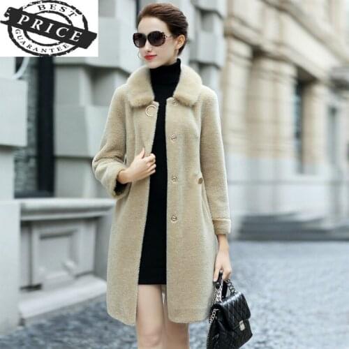 Jacket Natural Wool Women Real Mink Fur Collar Overcoat Winter Sheep Shearing Coats Female Warm Spring Clothes LWL13aa