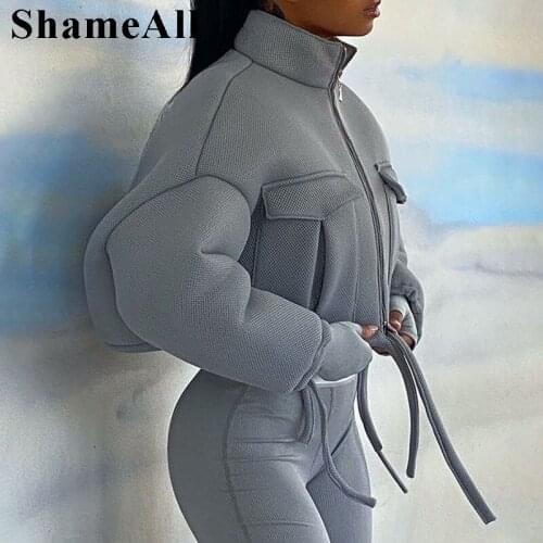 Y2K Women Bubble Coats Crop Puffer Jackets Drawstring Zip Pocket Short Outerwears Spring Fall Oversize Female Streetwear Coats