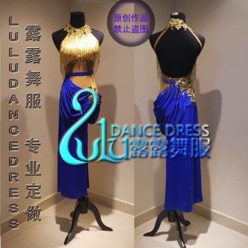 Custom made no stone latin dress Golden Pearl tube Blue Lycra Latin dance dress