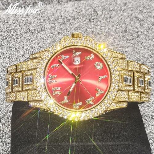 MISSFOX Men Watches Hip Hop Diamond Top Selling Red Watch Male Luxury Waterproof Dive 18k Iced Out Full Stainless Steel Clocks