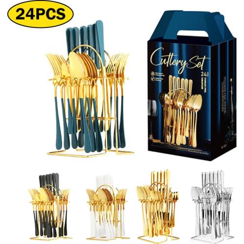 24PCS Western Stainless Steel Tableware Set with Storage Rack Knife Spoon Fork Teaspoon Cutlery Housewarming Flatware Gift Box