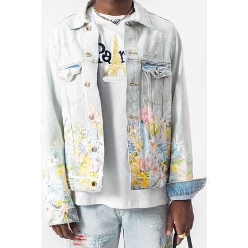 New Style Denim Jacket Light Blue Mens Flower Print Casual Jacket