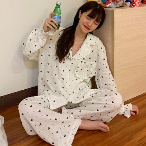 Fdfklak Korean Sweet Students Pajamas Set Autumn Winter Long Sleeve Pant Two Piece Suit Lounge Sleep Wear Pijama Home Clothes