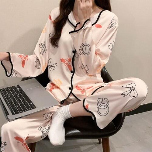 Spring Summer Long Sleeved Pajamas Set For Women Ice Silk Pyjama With Pants 2 Pieces Sleepwear Elegant V Neck Ladies Pijama 2021