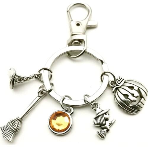 Birthstone Pumpkin Head Witch Lobster Buckle Keyring Pendant Handmade Halloween Party Gift Keychain Handbag Car Accessories