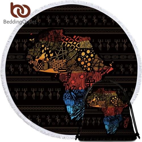 BeddingOutlet African Map Round Beach Towel Geometric Tassel Tapestry Blue Red Yellow Yoga Mat Retro Exotic Toalla Blanket 150cm