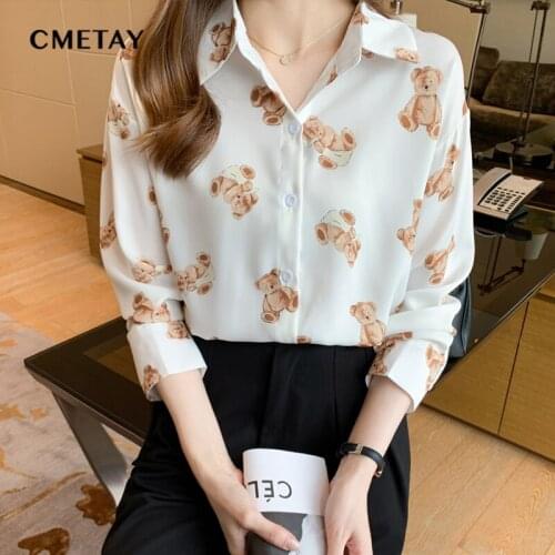 OL Style Cartoon Bear Print Shirts for Women Turn-down Collar Women Blouse Tops Elegant Female Tops blusas femme 2021 Autumn