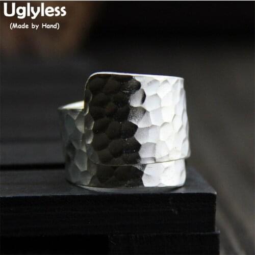 Uglyless Real S999 Silver Cool Personalized Design Knocking Surface Irregular Rings Women Simple Fashion Handmade Wide Open Ring