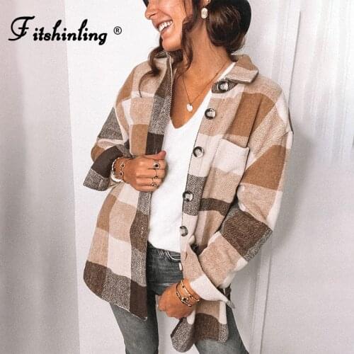 Fitshinling Button Up Vintage Women Shirt Plaid Checker Blouses Femme Pocket Oversized Tops Fashion BF 2021 Autumn Blusas Femme