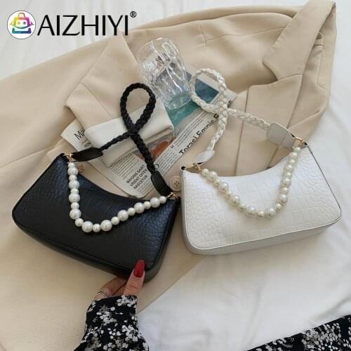 Vintage Women PU Leather Alligator Pattern Pure Color Shoulder Underarm Bag Casual Ladies Pearl Chain Small Handbag Purse