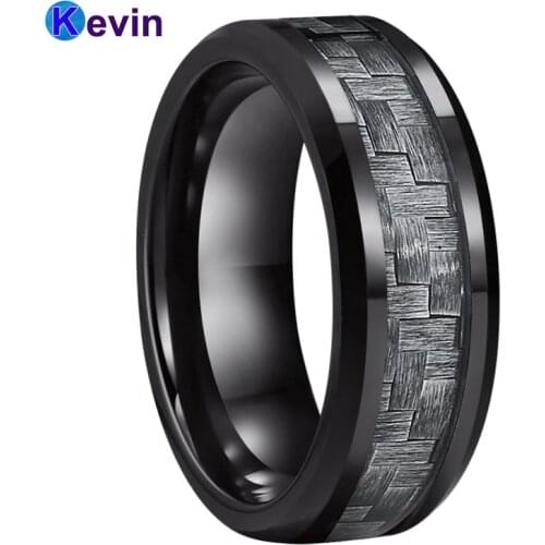 Tungsten Ring Black Wedding Ring For Men And Women With Grey Carbon Fiber Inlay