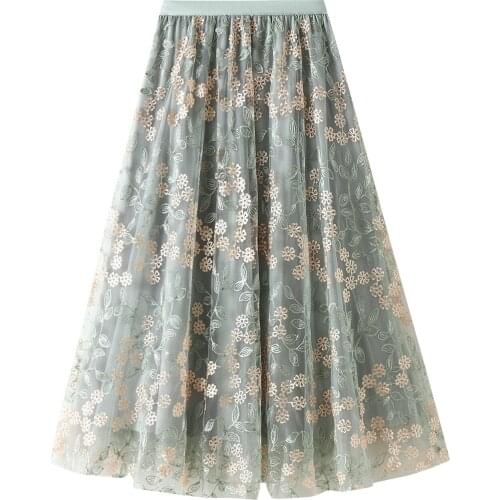 Women’s Vintage Embroidered A-line Skirt,Young Girls Regular Elastic Fashion Double-layer Mesh Yarn Mid-length Dresses