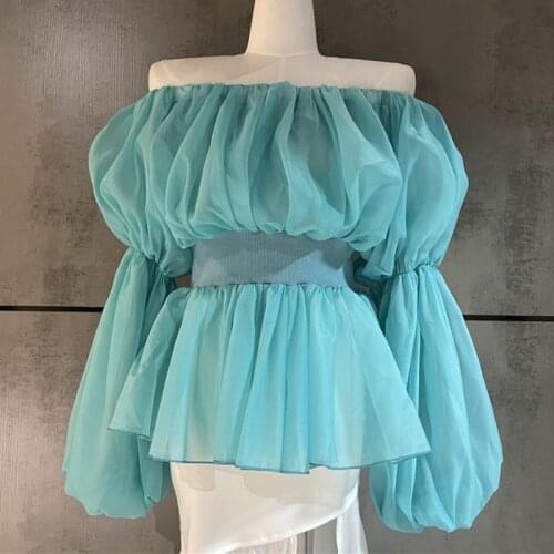 2021 Summer Korean Elegant Blouses Femme Slash Neck Lantern Long Sleeve Ruched Shirt For Women Fashion Casual Sweet Blusas Tops