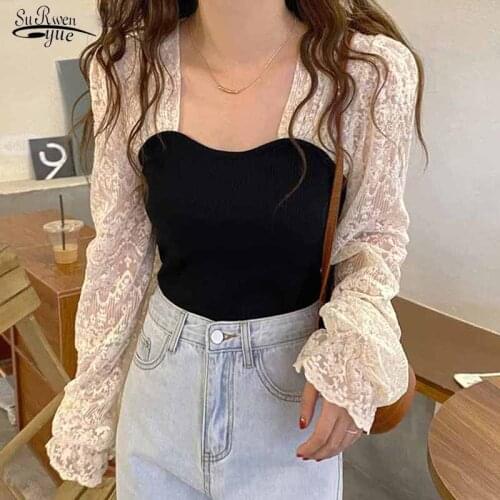 Autumn Crochet Flower Vintage Shirt Elegant Knitted Lace Patchwork Blouse Square Collar Embroidered Sweet Woman Top Blusas 17011