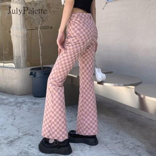 JulyPalette Fashion High Street Pink Flare Pants for Women High Waist Slim Casual Trousers Summer Vintage Plaid Female Pants