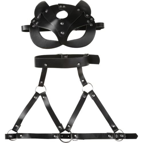 Women Body Chest Harness Belt Sex Toys Kit Restraints Open Cup Bra Lingerie PU Leather Animal Face Mask Porno Pole Dance Costume