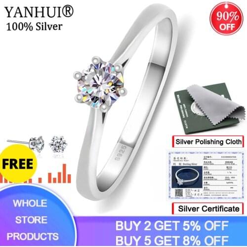 YANHUI Have Certificate 100% Original 925 Solid Silver 6mm 1.0ct CZ Diamant Engagement Wedding Rings for Women Fine Jewelry R040