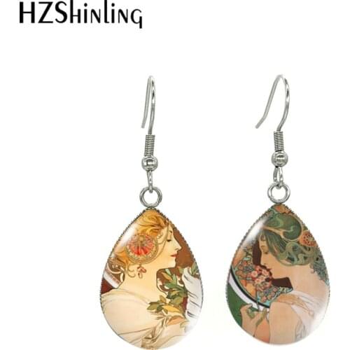 Mucha'Ladies Retro Paintings Stainless Steel Water Drop Hook Earrings Glass Cabochon Ear Jewelry for women