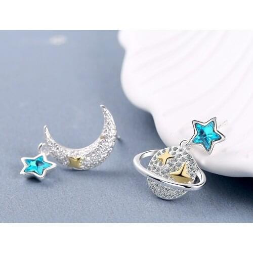 A Pair Of Irregular Moon Planet Earrings Womens Sparkling Crystal Earrings Exquisite Zircon Jewelry Blue Star Accessories
