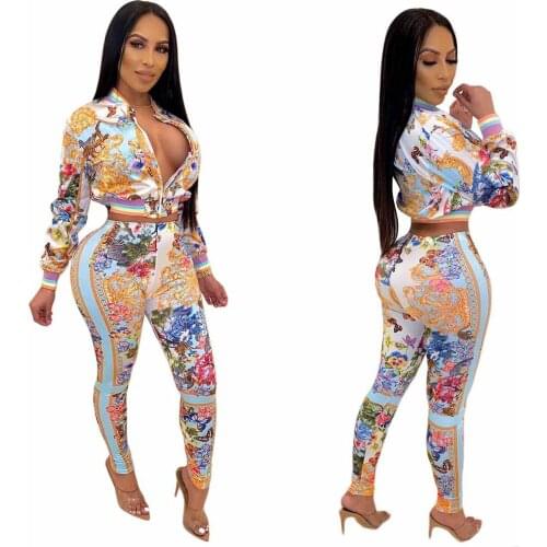 2020 Spring Pattern Printed Women Two Pieces Outfits Elegant Long Sleeves Women Top and Pants Sexy Lady Party Set Real Photos