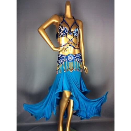 High Quality Sexy Performance Hand Beaded Sequined Belly Dance Samba Costume for Women Lady navy blue color bra+belt+skirt+neck