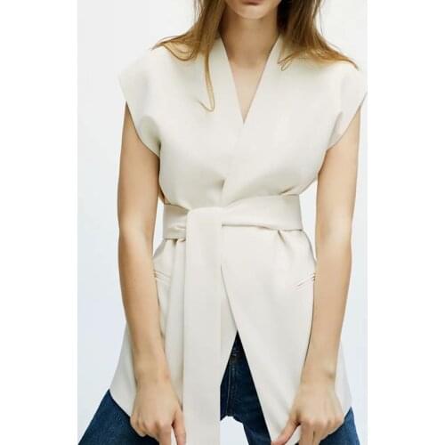 2021 Women Fashion White With Bow Tied Office Wear Wrap Vest Coat Vintage Notched Collar Sleeveless Female Waistcoat Chic Top
