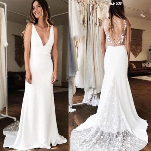 Sexy Deep V-neck Mermaid Wedding Dresses White Ivory 3D Lace Robe De Maria Backless Chapel Train Vestido De Noiva Custom Made