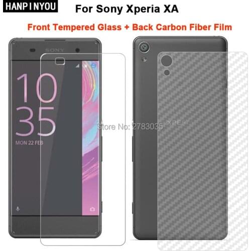For Sony Xperia XA / Dual 1 Set = Soft Back Carbon Fiber Film + Ultra Thin Clear Premium Tempered Glass Front Screen Protector