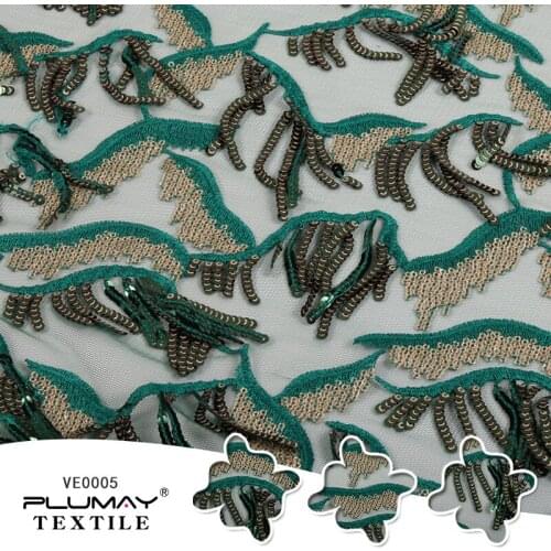 100%Polyester 3+5mm eyelash green tassel glitter sequin embroidered mesh fabric