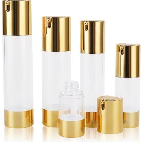 100pcs Gold 15ml 30ml 50ml Airless Pump with Clear Body Bottle Empty Reusable Refillable Diy Skin Care Creations F20171501