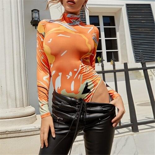 2020 Elegant Autumn Fashion Print Bodysuit Skinny Slim Long Sleeve Turtleneck Jumpsuit Romper Streetwear Sexy Fittness Overalls