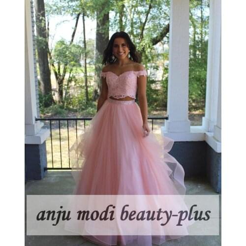 2021 Two Piece Off Shoulder Lace Prom Dresses Long Tulle Beaded Sleeveless Puffy Formal Evening Party Ball Gown Robe De Soiree