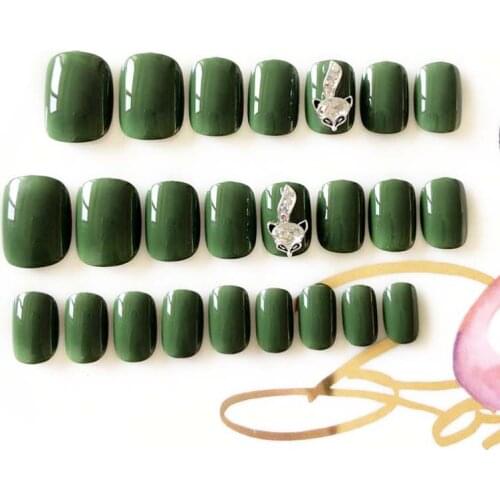 24pcs Fox Diamond Sexy Green Artificial Fake Nails Fashion Short Round Full Cover DIY Acrylic False Nail With Glue For Girl