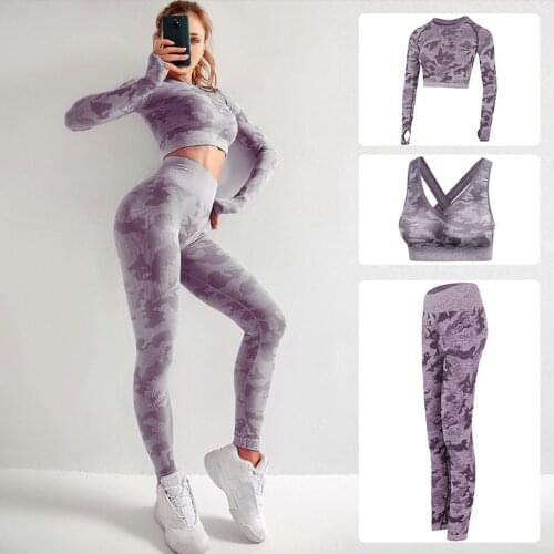 3pcs Workout Clothes for Women Yoga Set High-waisted Seamless Leggings Long Sleeve Camouflage Casual Laying Sports Gym Sets