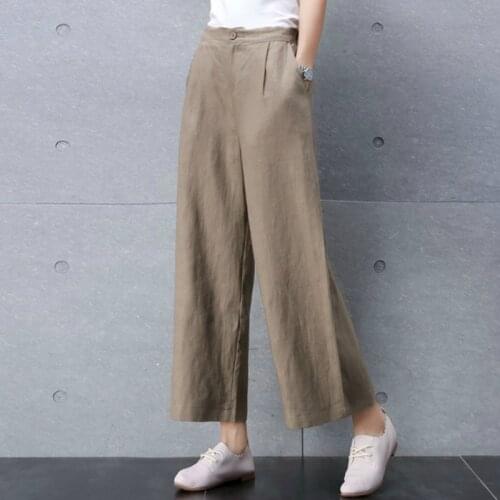 Summer Spring Casual Womens Female Elastic High Waisted Black Beige Wide Leg Linen Pants , Loose Ankle Length Trousers For Women