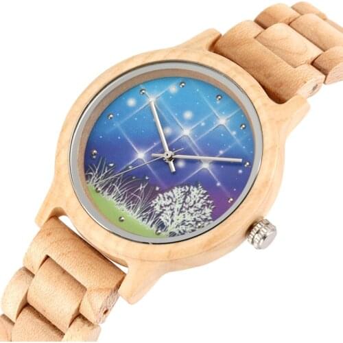 Crystal Bling Fashion Starry Sky Quartz Womens Wooden Watch Adjustable Wood Band Women Clocks Watches Female Relogio Feminino
