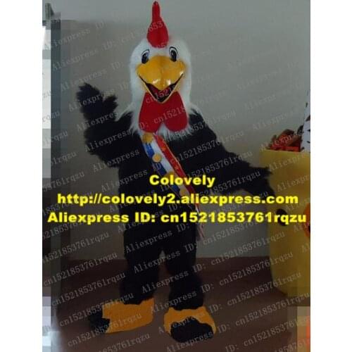 Energetic Black Gamecock Game Fowl Fighting Cock Rooster Chicken Chook Mascot Costume Cartoon Character Mascotte Long Fur ZZ369
