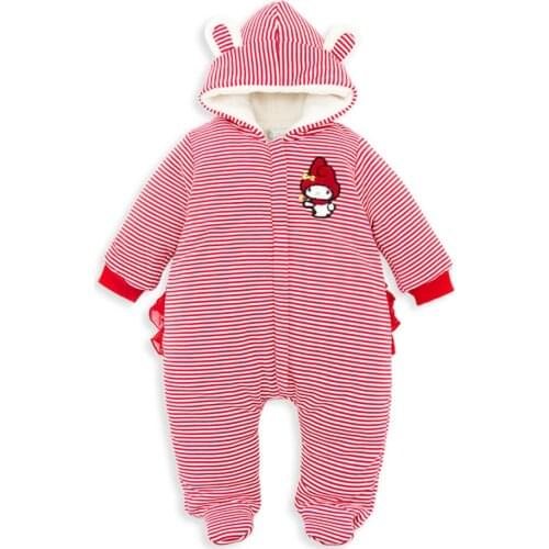 Kavkas Rompers Playsuits Winter Red Striped Hooded Plush Jumpsuit Long Sleeve Kids Clothes roupas de bebe menina