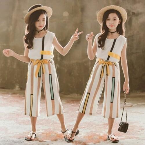 Kids Girls Summer Clothing Set Sleeveless Clothes For Children Striped Clothes Suit For Girls 6 8 10 12 Years Teen Girl Clothing