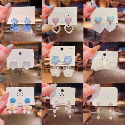Korean Geometry Flower Love Heart Earrings for Women Trendy Pearl Acrylic Dangle Earrings Female Sweet Bowknot Drop Earrings