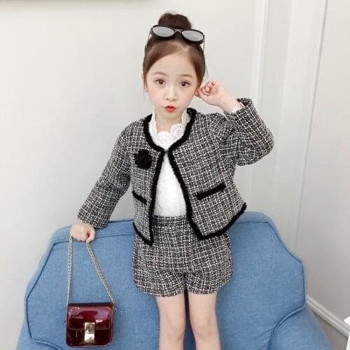 Dulce Amor Kids Clothes Set Fashion Girls Knitted Suit Autumn Winter Long Sleeve Plaid Coat+Shorts 2Pcs Kids Outfits for Girls