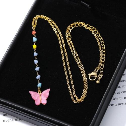 Harajuku Cute Pink Color Butterfly Necklace For Women Choker Rainbow Long Chain Pendant Refined Stylish Mujer Gift Boho Jewelry