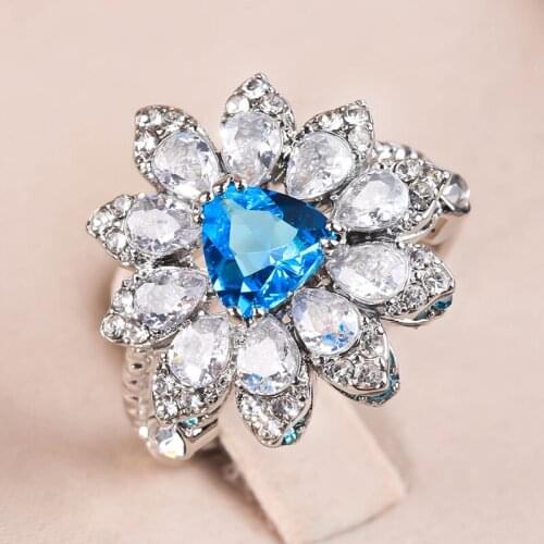 Fashion Wedding Ring Female Silver Color Blue Crystal Flower Cubic Zircon Engagement Rings for Women Exquisite Jewelry Gift New