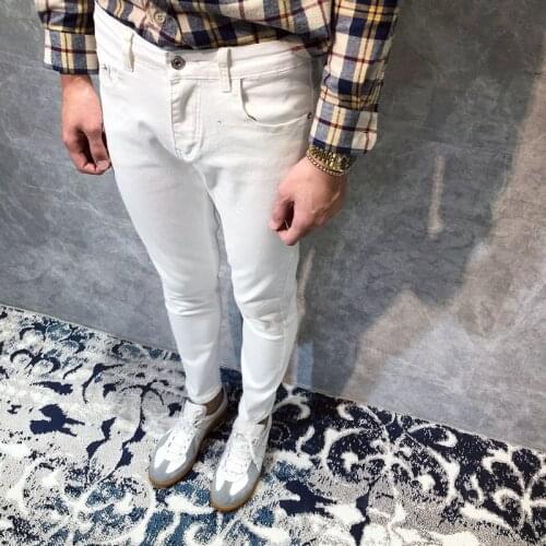 2021 Men Autumn Winter Fashion Solid Color Slim-fit Mens Jeans Male High Waist Denim Pants Men Tight Casual Pencil Pants W490