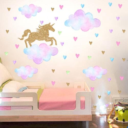 Super Dream Cartoon Gold Horse Colorful Star Cloud Wall Stickers For Kids Roomss Home Decor Art Background 3D Autocollant Mural