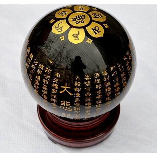 NATURAL OBSIDIAN CRYSTAL BUDDHISM CALLIGRAPHY POEM CARVED SPHERE BALL HEALING,WHOLESALES PRICE, Free Shipping WITH STAND