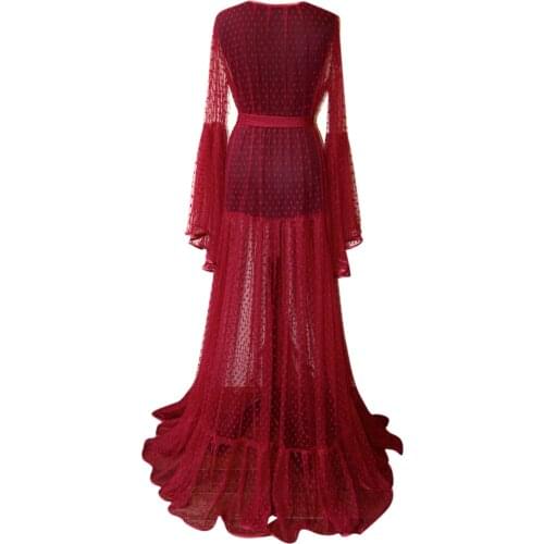 Women Lace Nightwear, Home Dress, Long Sleeve See-Through Mesh Polka Dot Summer Sleeping Sex Maxi