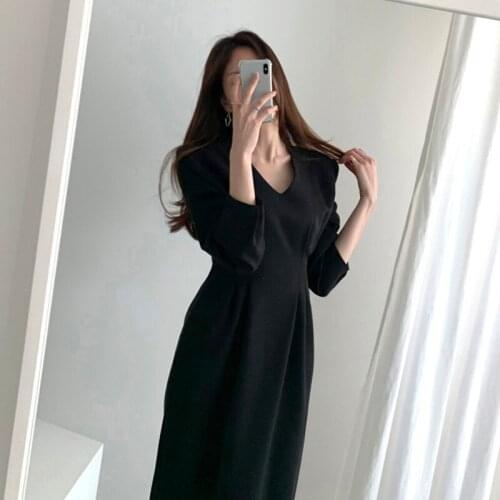 Solid Vintage Elegant V-Neck Long Midi Dress Straight Autumn Winter Korean Party Dress Long Sleeve Casual Simple W177