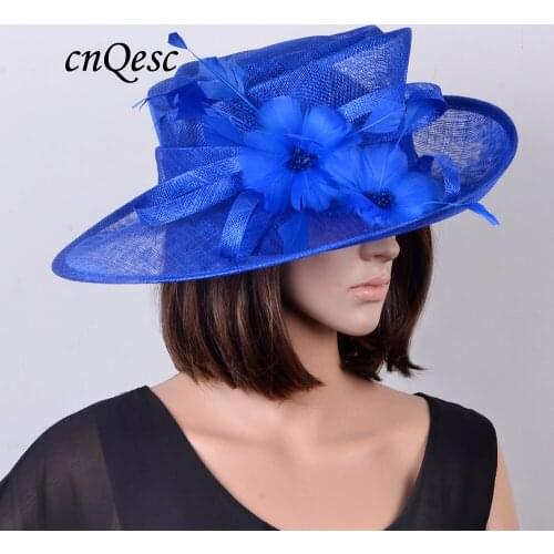 Wholesale big Royal blue Wide brim Church Sinamay womens hat with feather flower for Derby,wedding,church,party